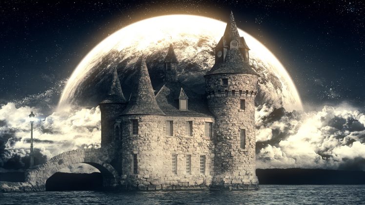 sky, Castle, Moon, Moonlight, Tower, Water, Ancient HD Wallpaper Desktop Background