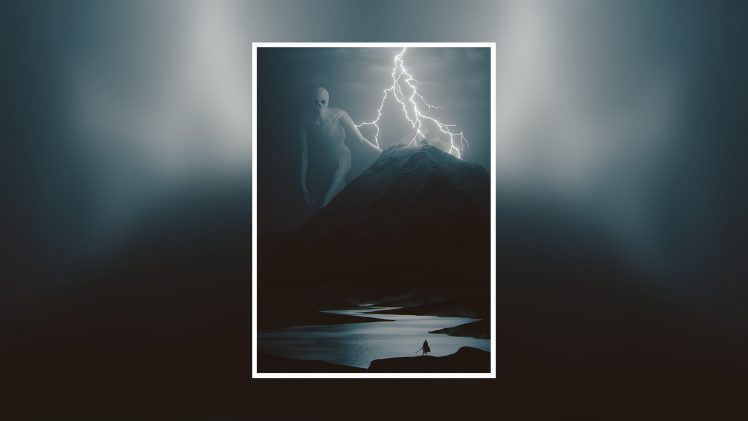 creepy, Picture in picture, Lightning, Mountains, Lake HD Wallpaper Desktop Background