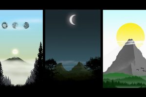 hills, Pine trees, Clear sky, Landscape, Wood, Forest, Clouds, Drawing, Mist, Night, Sun, Collage