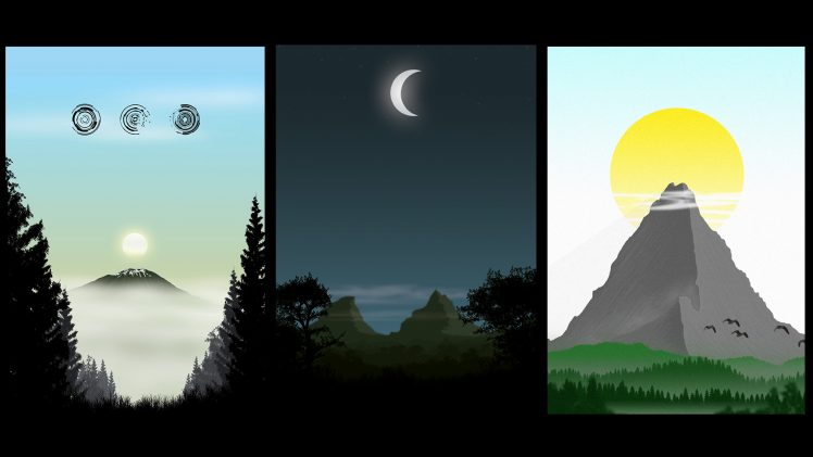 hills, Pine trees, Clear sky, Landscape, Wood, Forest, Clouds, Drawing, Mist, Night, Sun, Collage HD Wallpaper Desktop Background