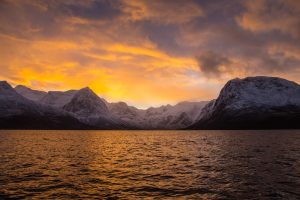 nature, Landscape, Trees, Water, Norway, Forest, Sea, Sunset, Clouds, Snowy peak, Mountains
