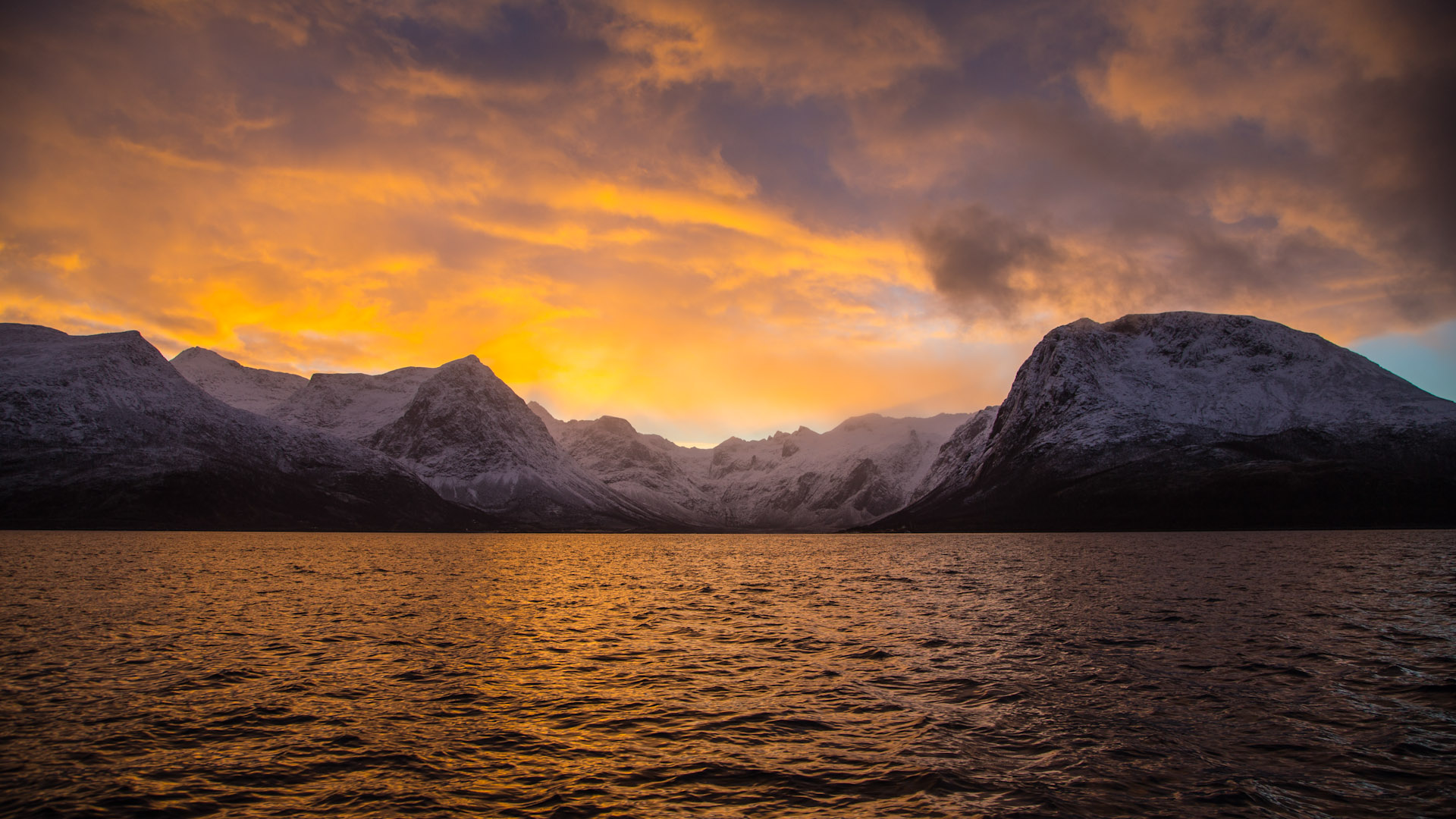 nature, Landscape, Trees, Water, Norway, Forest, Sea, Sunset, Clouds, Snowy peak, Mountains Wallpaper