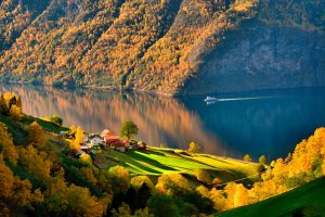 nature, Landscape, Trees, Water, Norway, Forest, Lake, Ship, Fall, Field, Hills, House, Reflection, Sunlight, Shadow