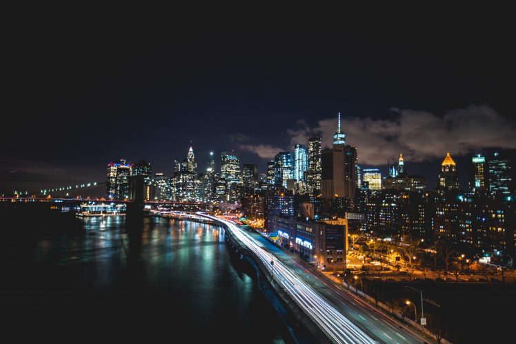 city, Lights, Road, Car, Clouds, Night, New York City, Brooklyn Bridge HD Wallpaper Desktop Background