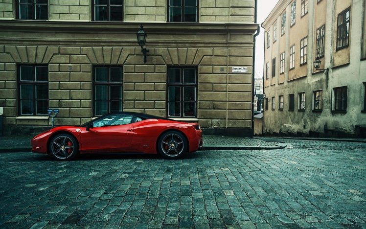 Ferrari, Car, Street, Urban, Building, Cobblestone, Ferrari 458 Italia, Ferrari 458 HD Wallpaper Desktop Background