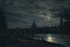 painting, Night, Moon, City, Bridge, River, Dresden, View of Dresden by Moonlight