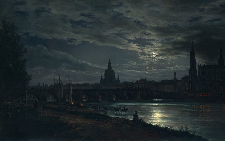 painting, Night, Moon, City, Bridge, River, Dresden, View of Dresden by Moonlight HD Wallpaper Desktop Background