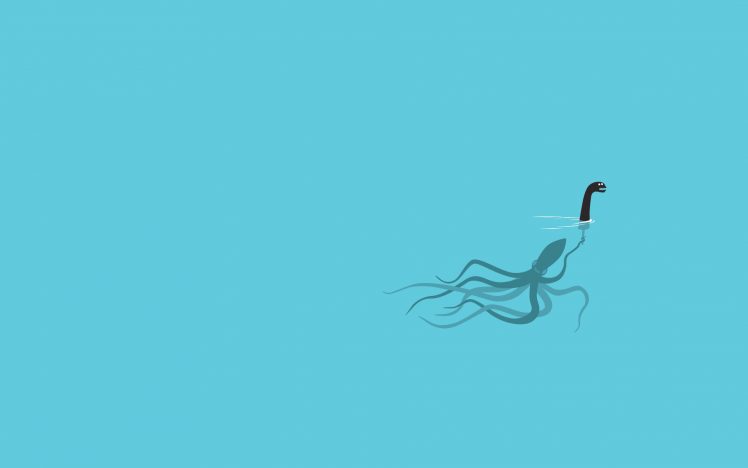 sea, Azure, Octopus, Humor, Underwater, Sea monsters, Minimalism HD Wallpaper Desktop Background