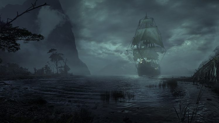 sailing ship, Sea, Night, Landscape HD Wallpaper Desktop Background