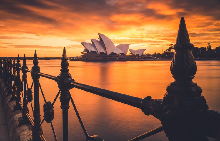 Sydney Opera House, Australia, Sunset, Clouds, Bay HD Wallpaper Desktop Background