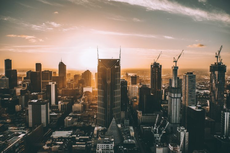 cityscape, Melbourne, Cranes (machine), Australia, Sunset HD Wallpaper Desktop Background