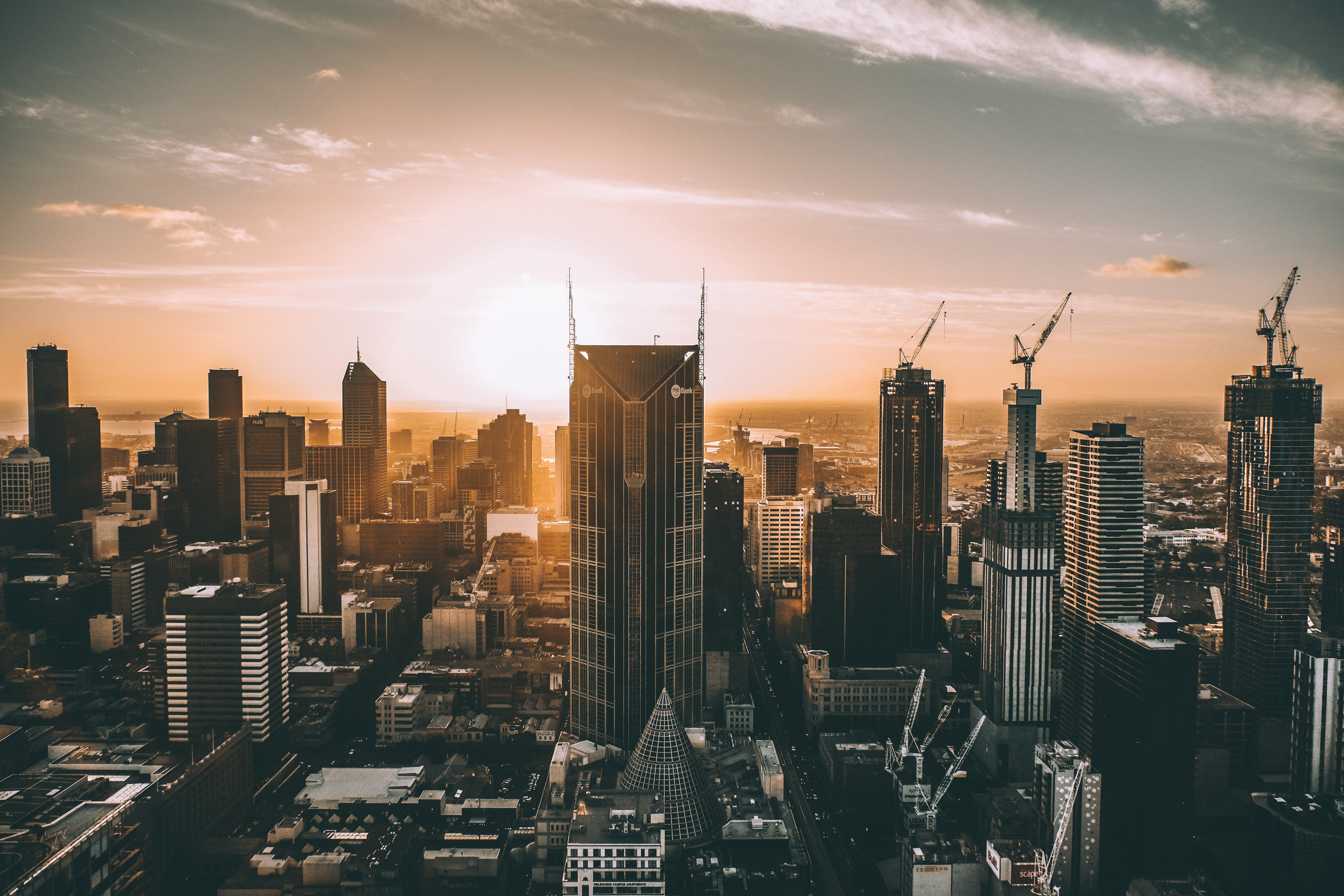 cityscape, Melbourne, Cranes (machine), Australia, Sunset Wallpapers HD