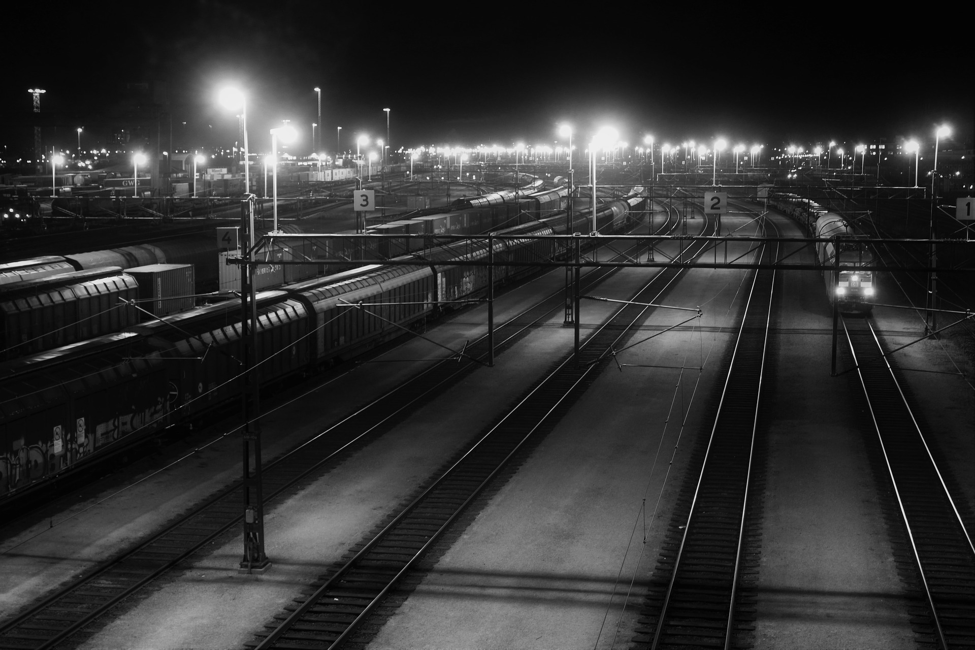 photography, Monochrome, Railway, Train station, Train, Lights, Lamp, Night, Locomotive Wallpaper