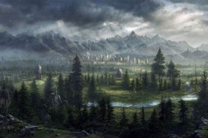 digital art, Fantasy art, Total War: Warhammer, Trees, Pine trees, Nature, Landscape, Mountains, Clouds, Rain, Rock, Stream, Video games, Castle