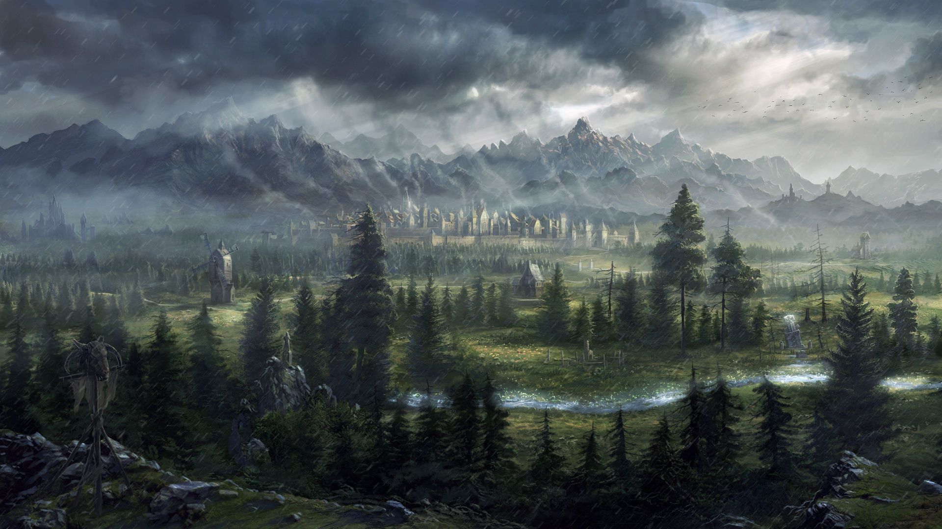 digital art, Fantasy art, Total War: Warhammer, Trees, Pine trees, Nature, Landscape, Mountains, Clouds, Rain, Rock, Stream, Video games, Castle Wallpaper