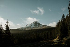 mountains, Road, Forest, Clouds, Snow, Sunrise