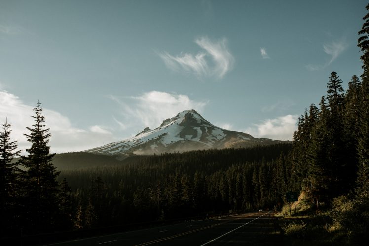 mountains, Road, Forest, Clouds, Snow, Sunrise HD Wallpaper Desktop Background