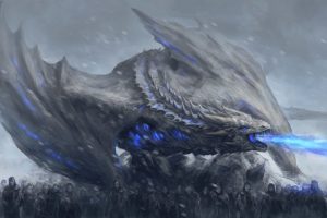 Game of Thrones, White Walker, Dragon, Zombies, Artwork, Fantasy art, Fire, Blue flames