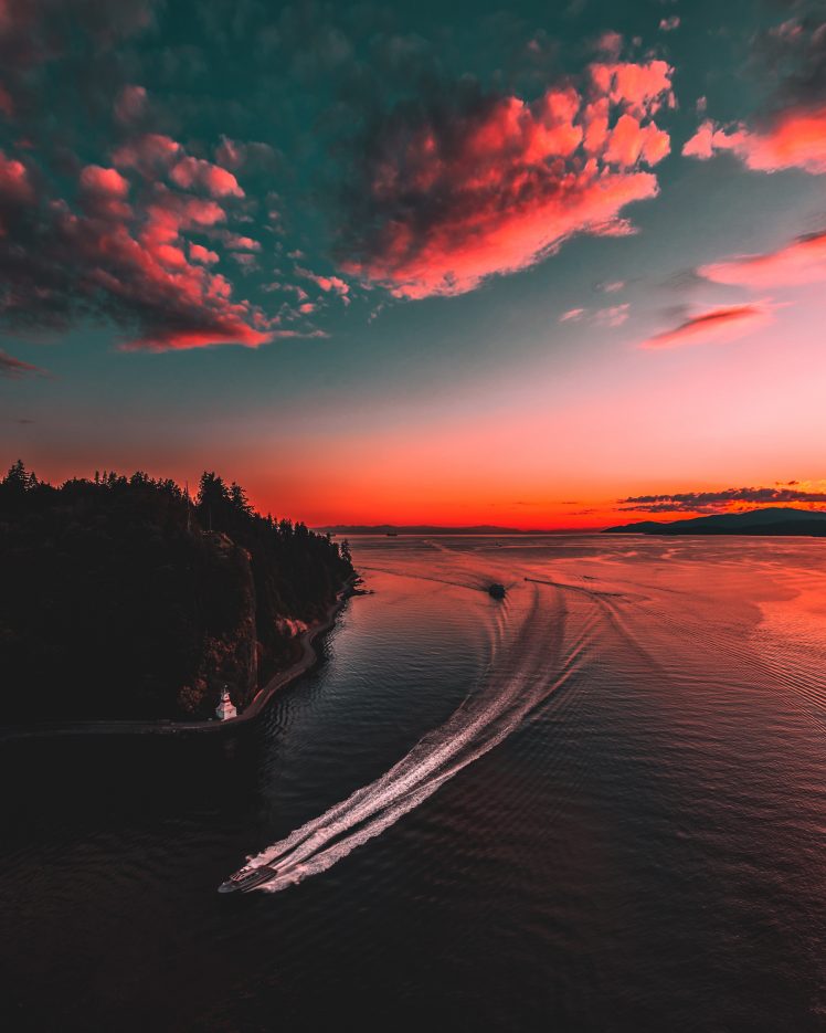 landscape, Nature, Forest, Trees, Sky, Vancouver, Canada, Sunset, Boat HD Wallpaper Desktop Background