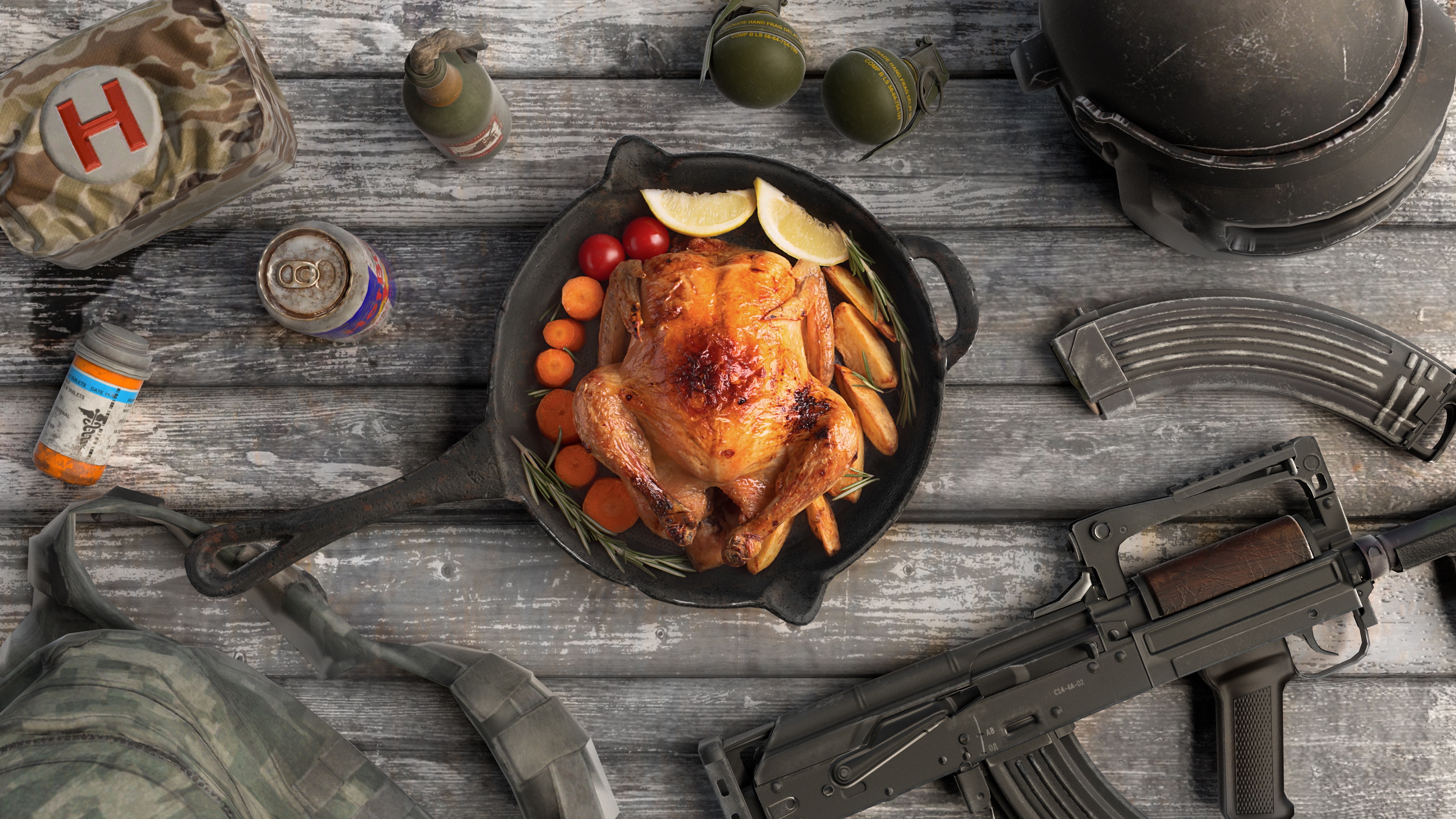Chicken, Still life, Food, Weapon, PUBG Wallpaper