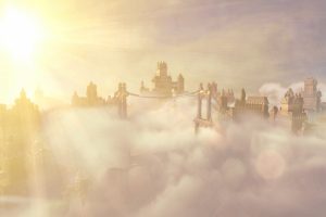 BioShock Infinite, Columbia, Video games, Screen shot, Clouds, Cityscape, Landscape, Sun rays, Photoshop