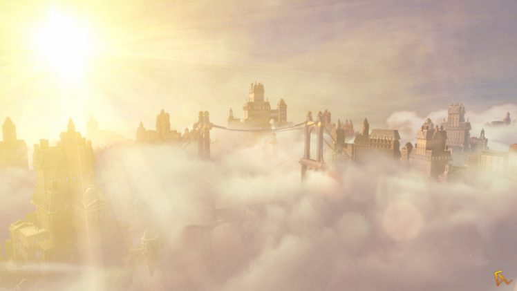 BioShock Infinite, Columbia, Video games, Screen shot, Clouds, Cityscape, Landscape, Sun rays, Photoshop HD Wallpaper Desktop Background