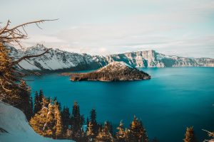 landscape, Nature, Crater lake, Lake, Mountains, Snow, Trees, Sky, USA