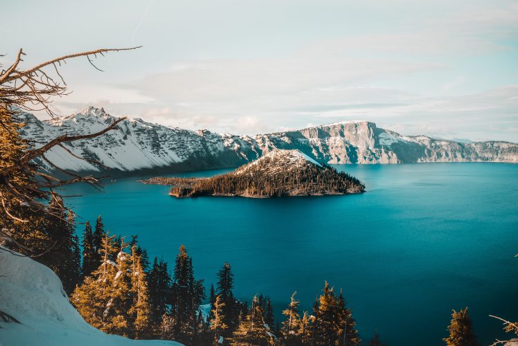 landscape, Nature, Crater lake, Lake, Mountains, Snow, Trees, Sky, USA HD Wallpaper Desktop Background