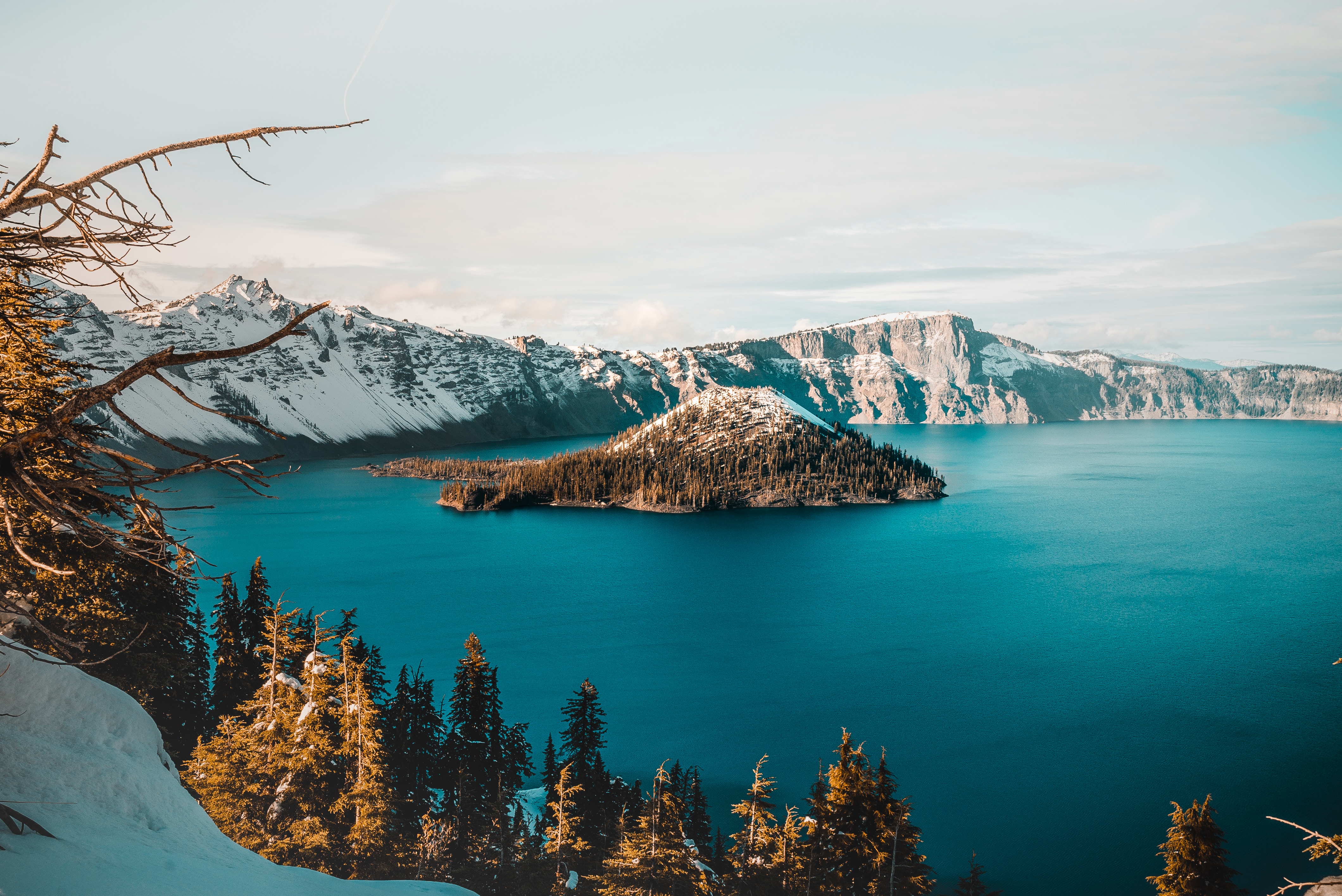 landscape, Nature, Crater lake, Lake, Mountains, Snow, Trees, Sky, USA Wallpaper
