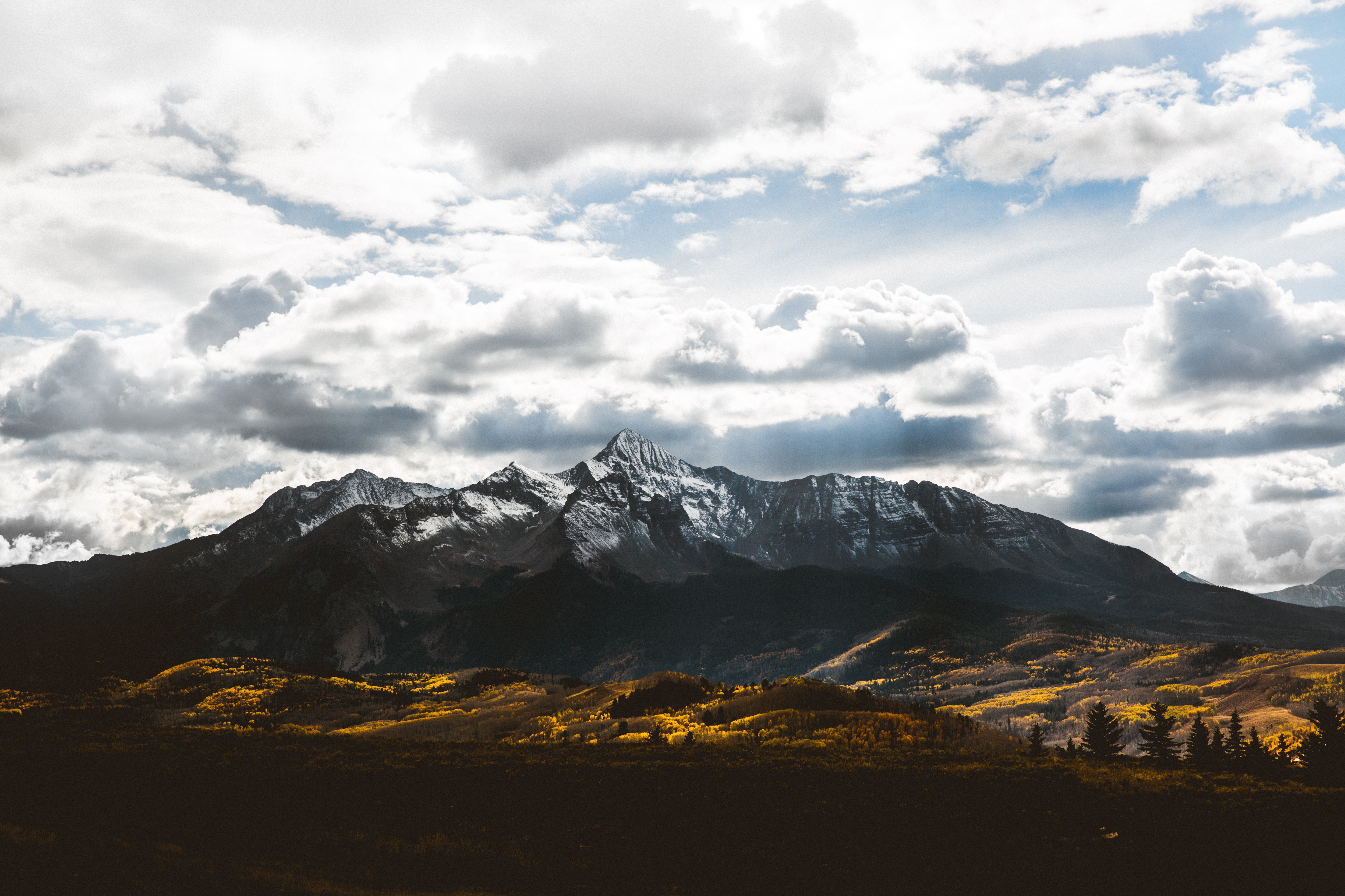 Telluride, USA, Clouds, Mountains, Field, Trees, Snowy peak, Landscape, Nature Wallpaper