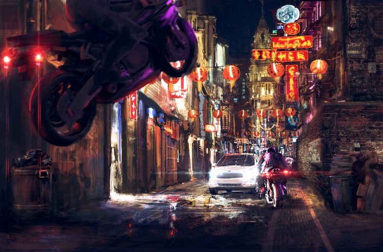 Luciano Neves, Illustration, Digital art, Artwork, China, Street, City, Motorcycle HD Wallpaper Desktop Background