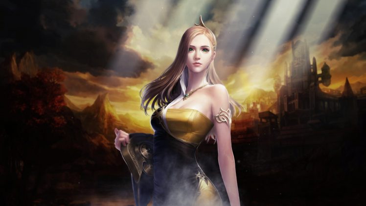 long hair, Blonde, Green eyes, Women, PC gaming, Video games, Mmorpg, Cabal, Cabal II, Dress, Castle, Mountains, Clouds, Sun rays, Necklace HD Wallpaper Desktop Background
