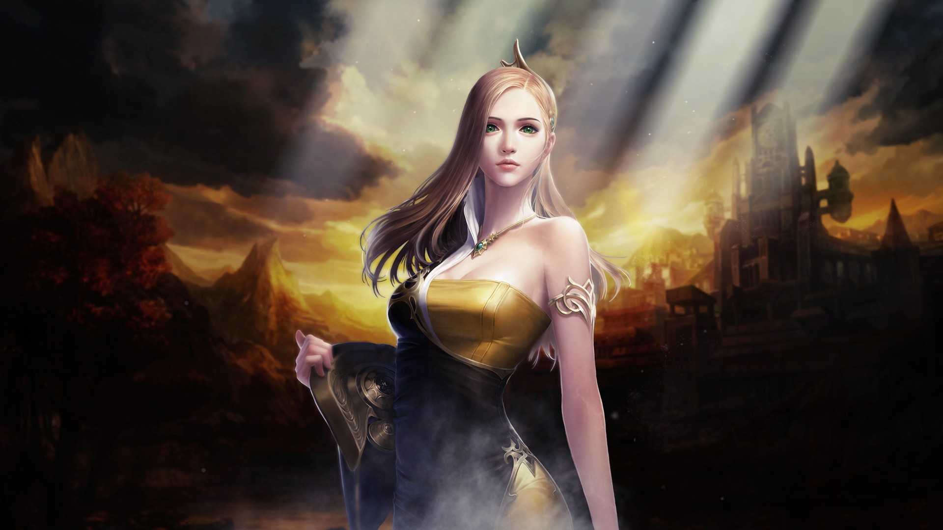 long hair, Blonde, Green eyes, Women, PC gaming, Video games, Mmorpg, Cabal, Cabal II, Dress, Castle, Mountains, Clouds, Sun rays, Necklace Wallpaper