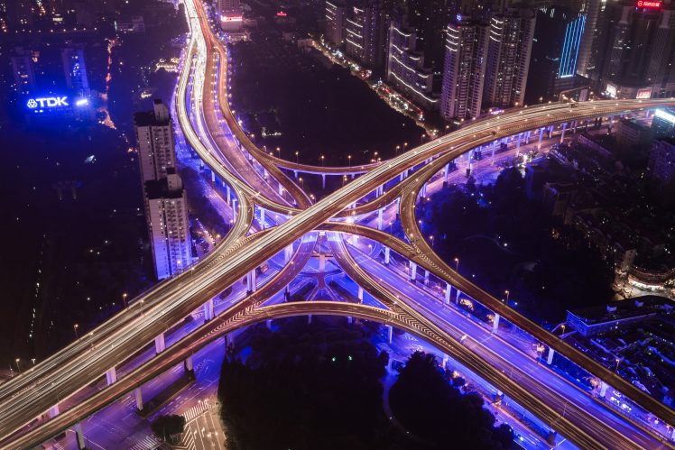 highway, Road, Lights, Car, Night, City, Long exposure, Birds eye view HD Wallpaper Desktop Background