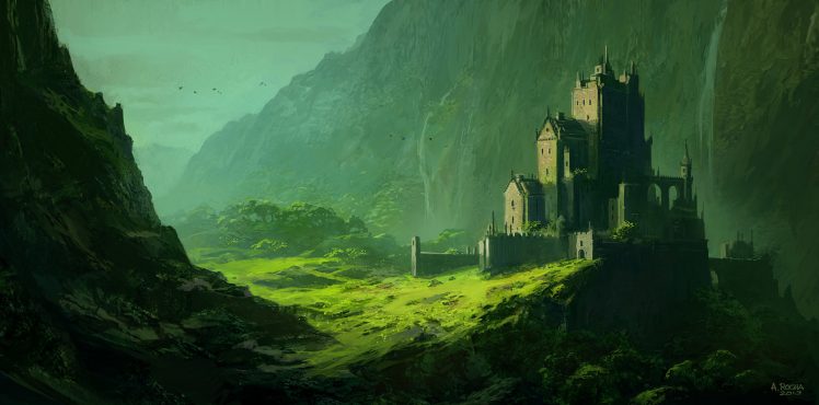 artwork, Fantasy art, Castle, Landscape, Mountains HD Wallpaper Desktop Background