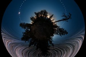 space, Universe, Black background, Stars, Panoramic sphere, Sun, Solar eclipse, Sphere, Long exposure, Trees, Distortion, Clear sky