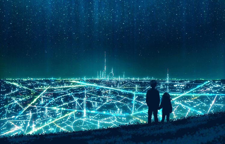 city, Silhouette, Stars, Neon, Science fiction, Space, Spaceship HD Wallpaper Desktop Background