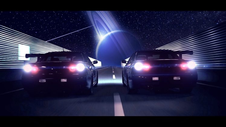 Japanese cars, Nissan GT R NISMO, Nissan Skyline GT R R33, Planet, Flares, Road, Shooting stars HD Wallpaper Desktop Background