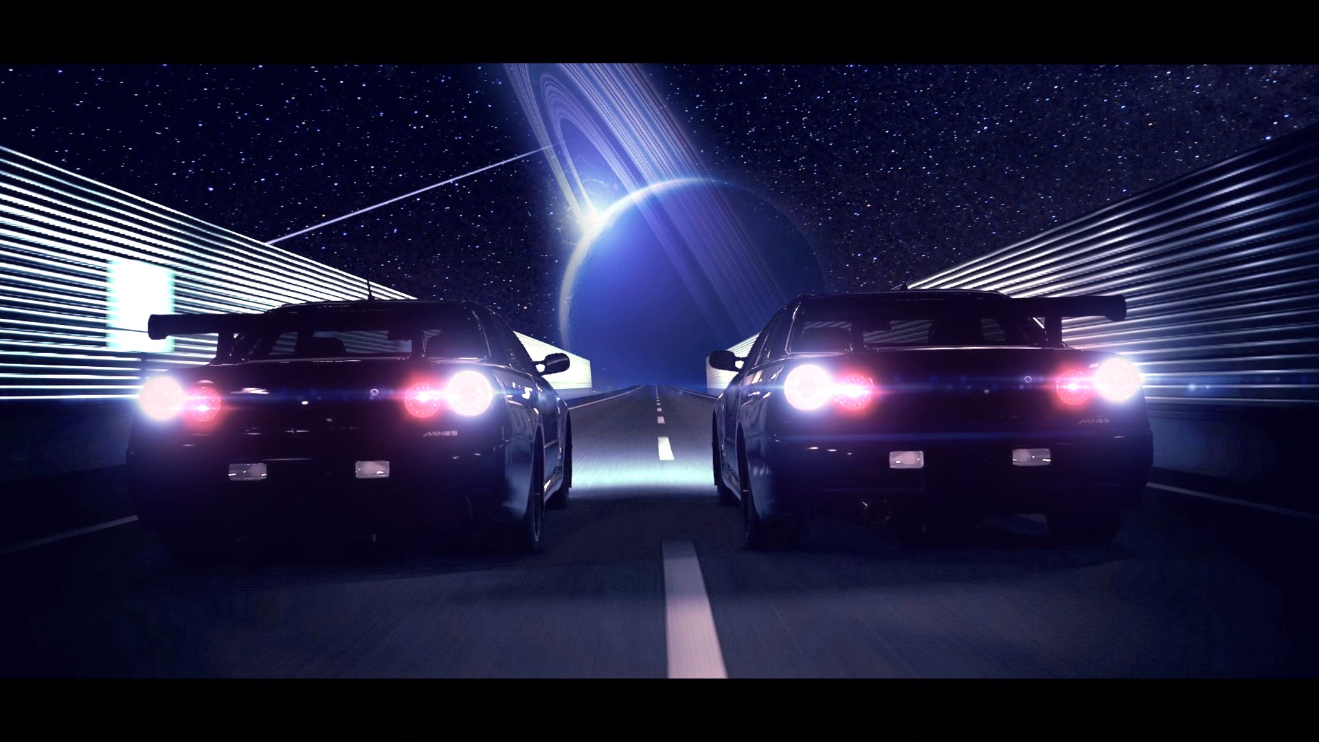 Japanese cars, Nissan GT R NISMO, Nissan Skyline GT R R33, Planet, Flares, Road, Shooting stars Wallpaper