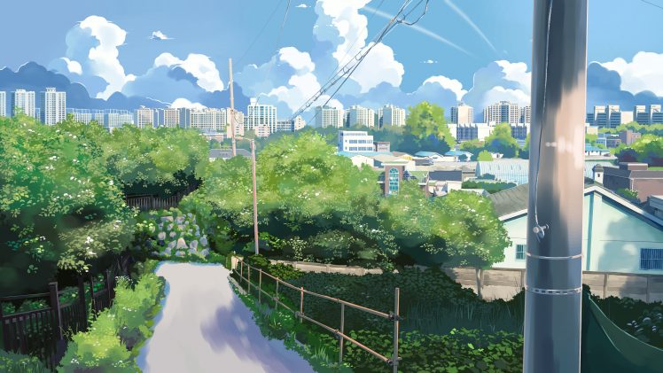 illustration, Sky, Clouds, City, Trees HD Wallpaper Desktop Background