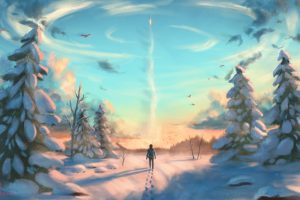 landscape, Snow, Birds, Rocket, Digital art, Artwork