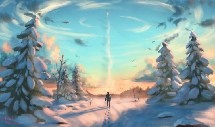landscape, Snow, Birds, Rocket, Digital art, Artwork HD Wallpaper Desktop Background