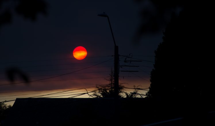 smoke, Red sun, Sunset, Landscape, Silhouette HD Wallpaper Desktop Background