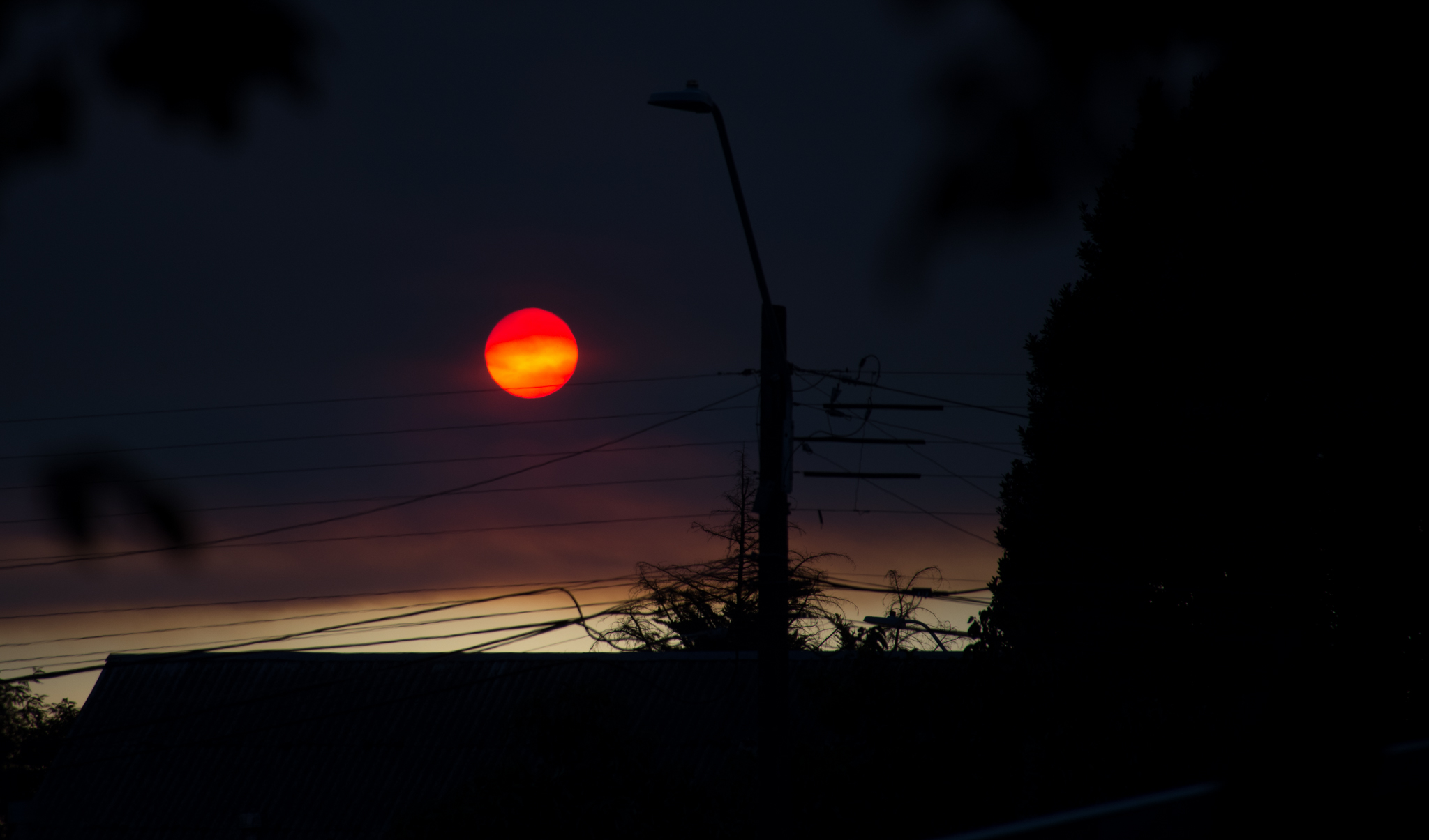 smoke, Red sun, Sunset, Landscape, Silhouette Wallpaper