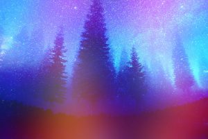 pine trees, Forest, Night, Colorful, Constellations, Mist, Stars, Nature, Retouching
