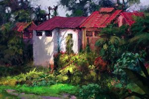 Finnian MacManus, Painting, Watercolor, Village, Colorful, Nature, Backyard, Rural