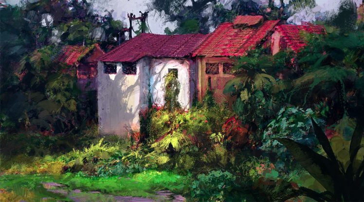 Finnian MacManus, Painting, Watercolor, Village, Colorful, Nature, Backyard, Rural HD Wallpaper Desktop Background