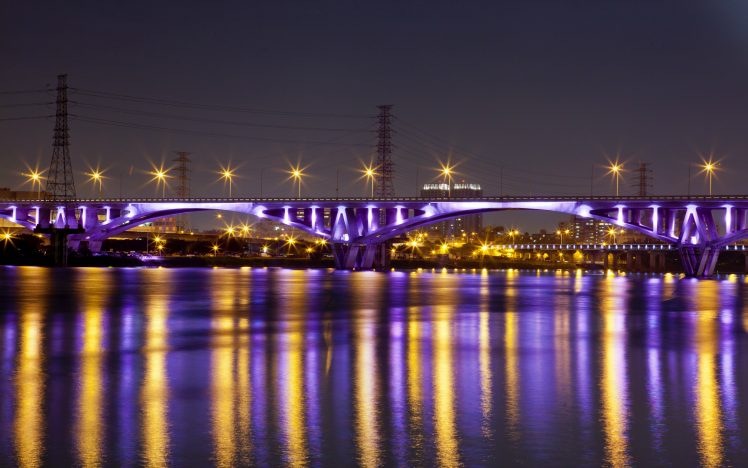 cityscape, Bridge, Power lines, City lights, Night HD Wallpaper Desktop Background