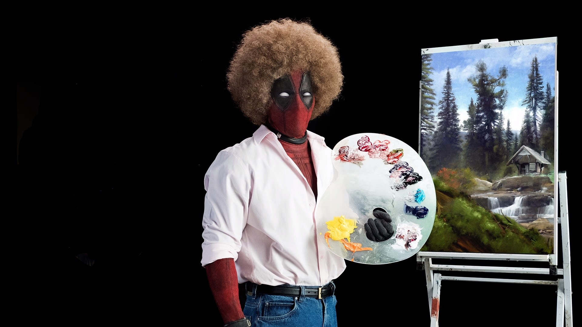 Bob Ross, Deadpool, Afro, Painting, Humor, Movies, Marvel Cinematic Universe Wallpaper
