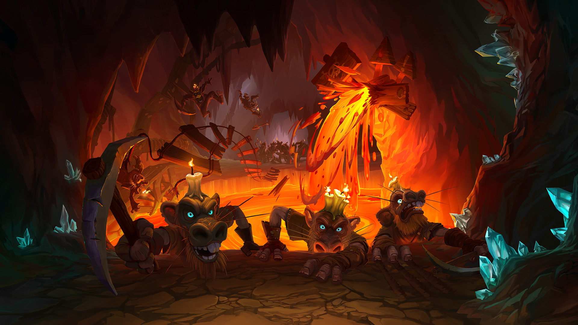 Hearthstone, Warcraft, Artwork, Digital art, Cave, Dungeon, Underground, Kobolds, Hearthstone: Kobolds and Catacombs, Video games, Candles, Lava, Pickaxes Wallpaper